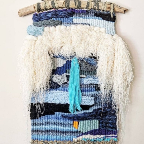 Large blue & white woven tapestry- tassel texture wall hanging